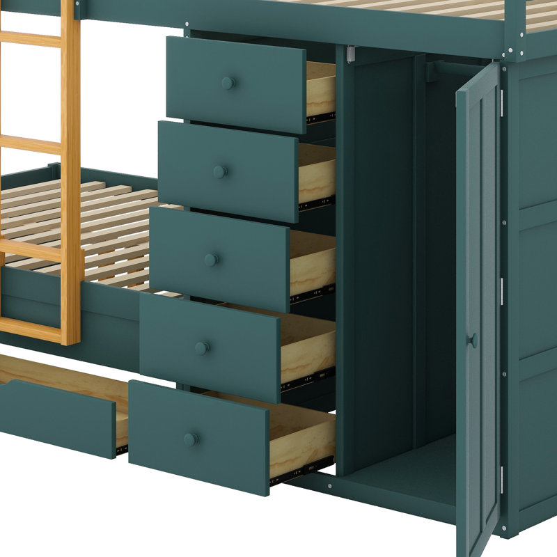 Lit superposé Smart-Storage avec système de tiroirs organisés et garde-robe intégrée, Vert