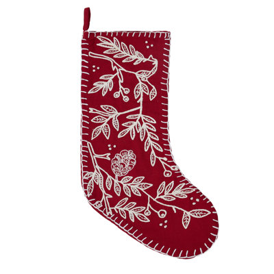 Red Folk Branch Embroidered Holiday Stocking
