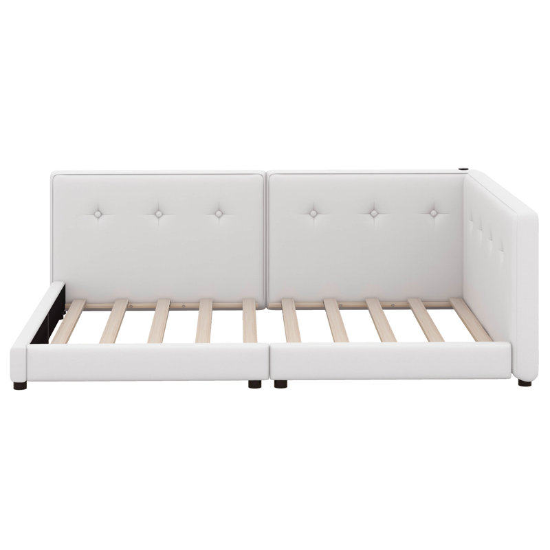 Modern Upholstered Platform Bed With USB Ports, Floor Daybed With Wood Slat Support, Full