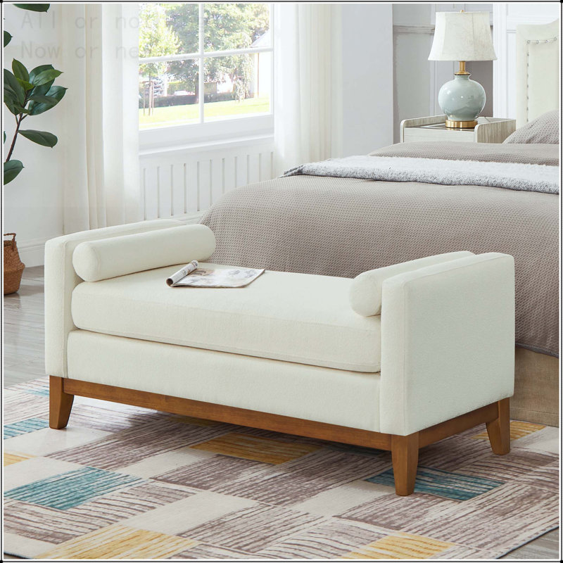 Large Upholstered Boucle Fabric Ottoman with Pillows,Comfort Padded Window Bench, Beige, Brown Wood