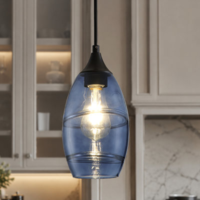 1-Light Matte Black Teardrop Pendant with Blue Art Glass Shade