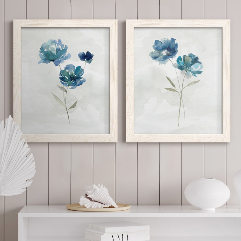 «Blue Botanical I», ensemble de 2 reproductions d'art, H 24 po x l 36 po x P 1,5 po, Toile blanche encadrée, Pas de tapis