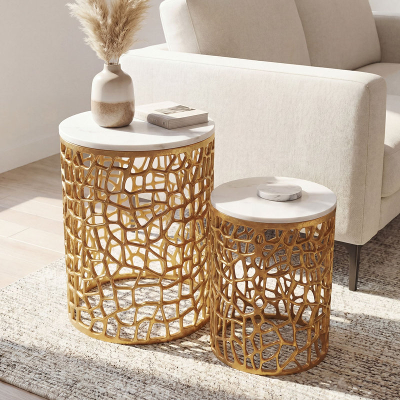 Set of 2 Round White Marble Nesting Coffee Tables with Silver Aluminium Base, 53cm H x 39cm W x 39cm D, White / Gold, Gold
