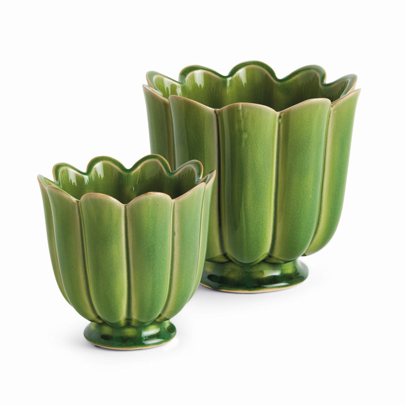 Petale Reactive Glaze Footed Pots in Green, Green