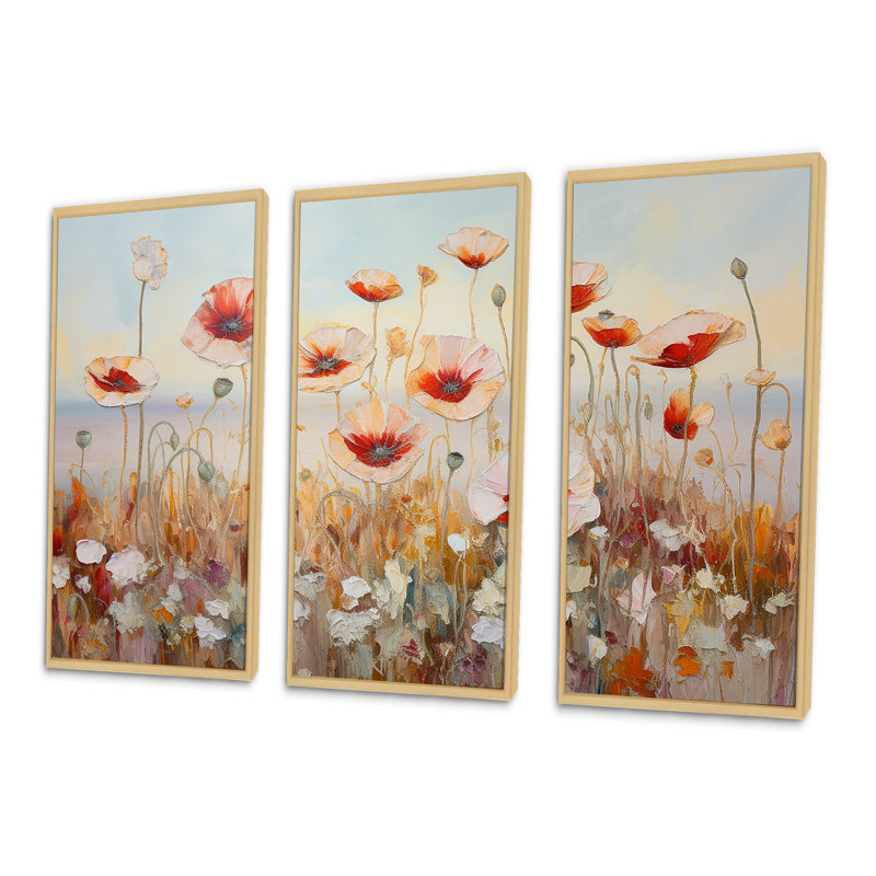 Ensemble de décorations murales coquelicots rouges et dorés, H 40 po x l 60 po x P 1 po, Cadre naturel flottant