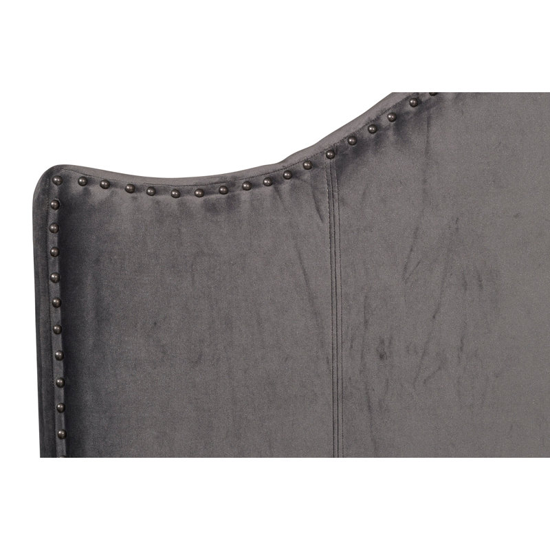 Lit double avec revêtement en velours gris, structure en bois massif et en contreplaqué, tête de lit, garniture cloutée, sommier tapissier nécessaire pour installer le lit couvert, style traditionnel moderne et cadre, tête de lit à utilisation obligatoire
