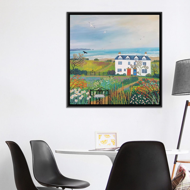 " Beach View Cottages " by Jo Grundy, 18" H x 18" W x 1.5" D, Black Framed Canvas, No Mat