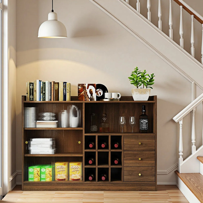 Bar Cabinet With 3 Drawers And 2 Sliding Striped Glass Doors, Freestanding Countertop Storage Cabinet With Wine Rack