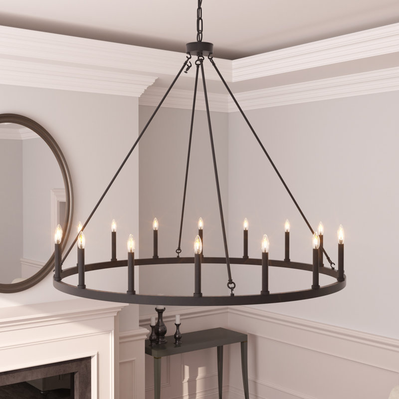 Adriana 47" W 16-Light Dimmable Wagon Wheel Chandelier with Sloped Ceiling Adapter, Classic Black/Aged Zinc
