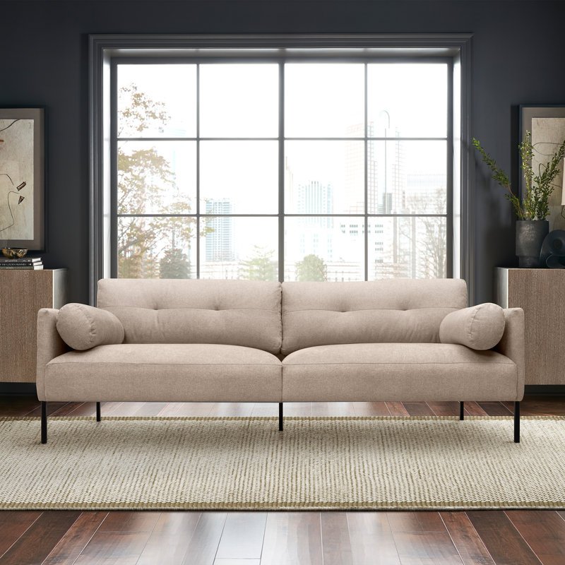 Canapé à accoudoirs carrés larges en tissu avec pieds en métal noir Madylyn, Mélange de polyester beige