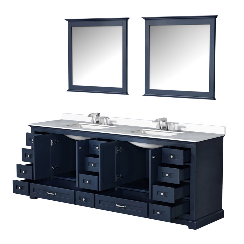 Meuble-lavabo double l 84 po x P 22 po, plateau en marbre de culture, ensemble de robinet et miroirs de 34 po, Marine