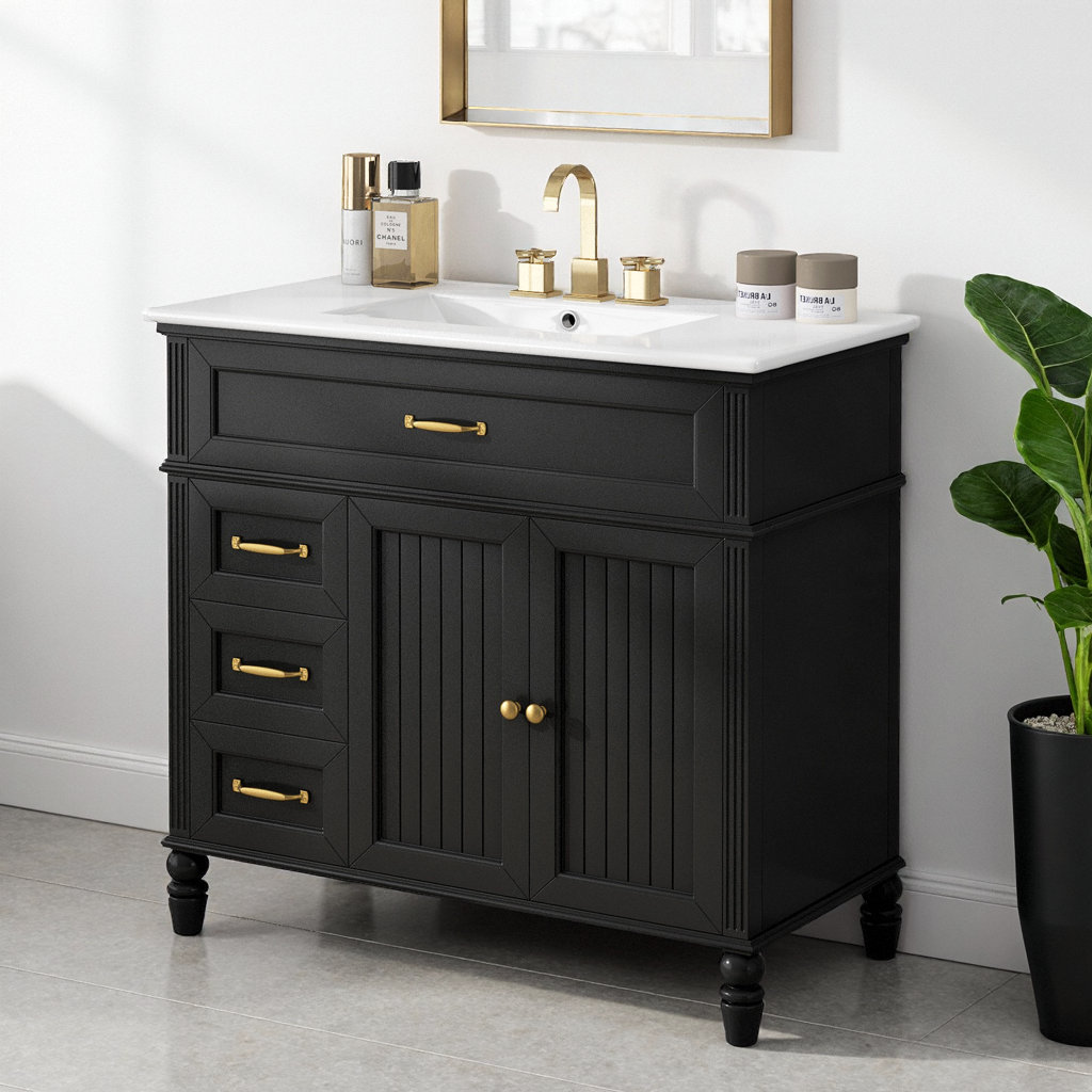 Latitude Run® Elegant 36 Inch Bathroom Vanity with Smooth Ceramic Sink and Modern Black Finish ...