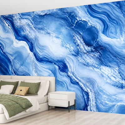Papier peint adhésif autocollant amovible effet marbré bleu glace et papier contact amovible pour salle de séjour H 69 po x l 96 po