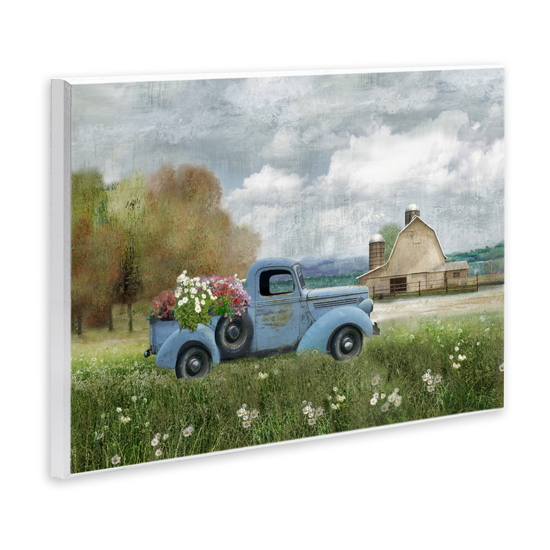 Camion bleu rétro vintage avec bouquet de fleurs et ciel nuageux par Nan - Peinture, H 10 po x l 15 po