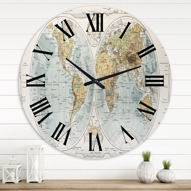 Ancient Map of The World II - Rustic wall clock, 29" H x 29" W x 1" D