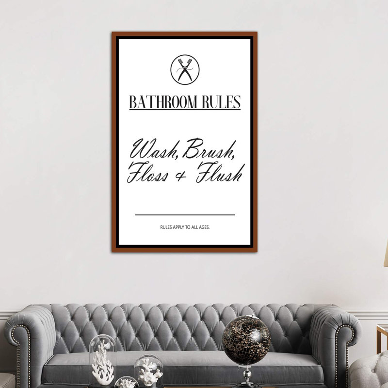 « salle de bain rules » par pixy paper, reproduction d’art textuel, H 26 po x l 18 po x P 1,5 po
