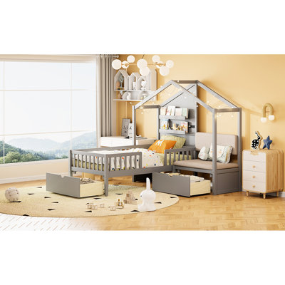 Lit simple en gris, avec station de recharge sans fil rembourrée et intelligente, lit avec espaces de rangement utiles, couleur grise et installations pratiques à la fine pointe de la technologie