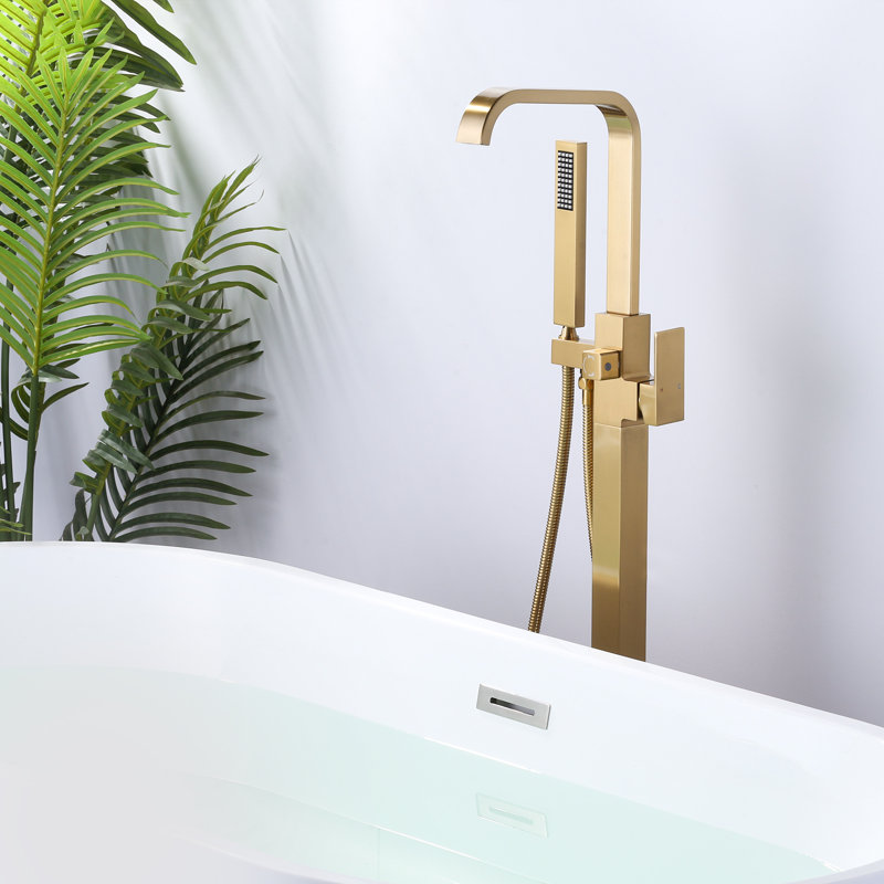 Floor Mounted Freestanding Tub Filler with Diverter and Handshower, Gold