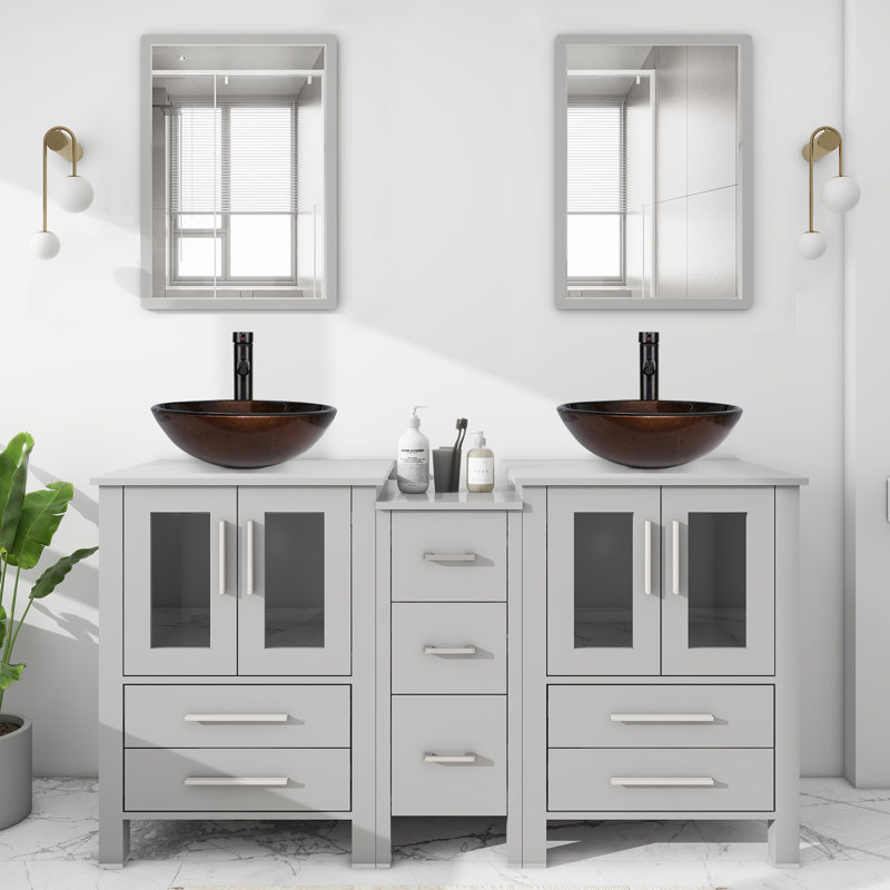 60” Double Vanity Set with  Basin, Manufactured Wood Top, Faucet (Set of 5), Brun, Gris
