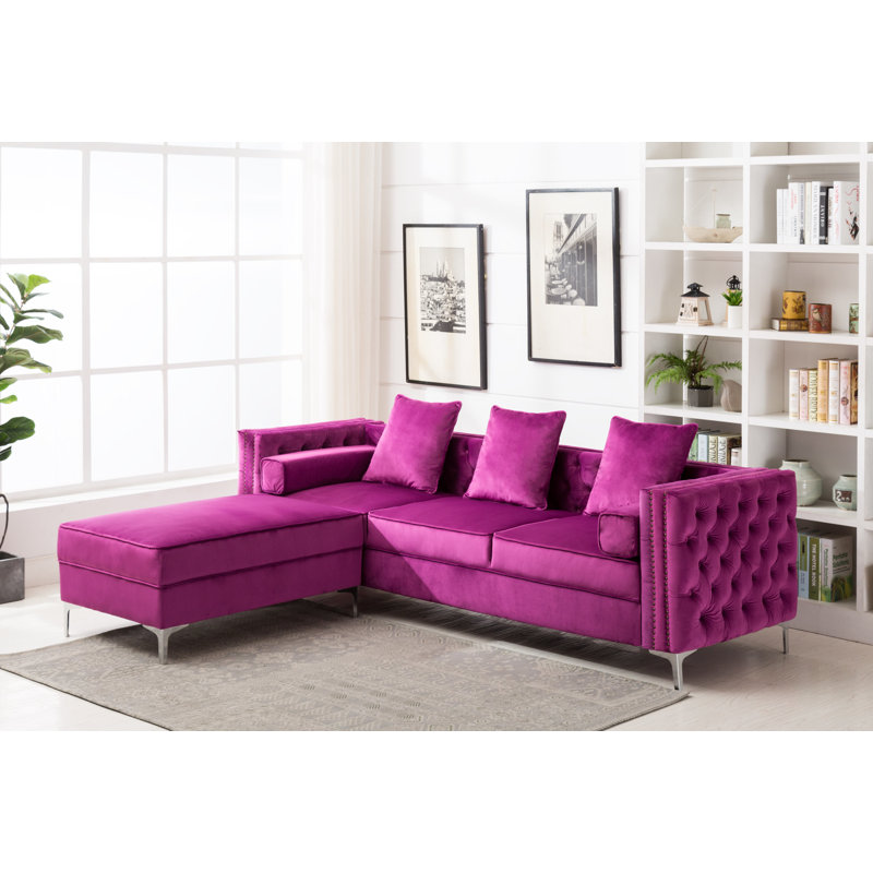 Canapé modulaire réversible en velours de 104 po avec méridienne et repose-pieds, Violet