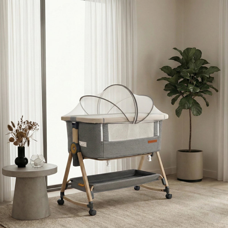  Berceau pour bébé et lit de chevet, berceau 3 en 1 avec matelas et drap, hauteur réglable, housse respirante amovible, lit de bébé facile à plier (gris)
