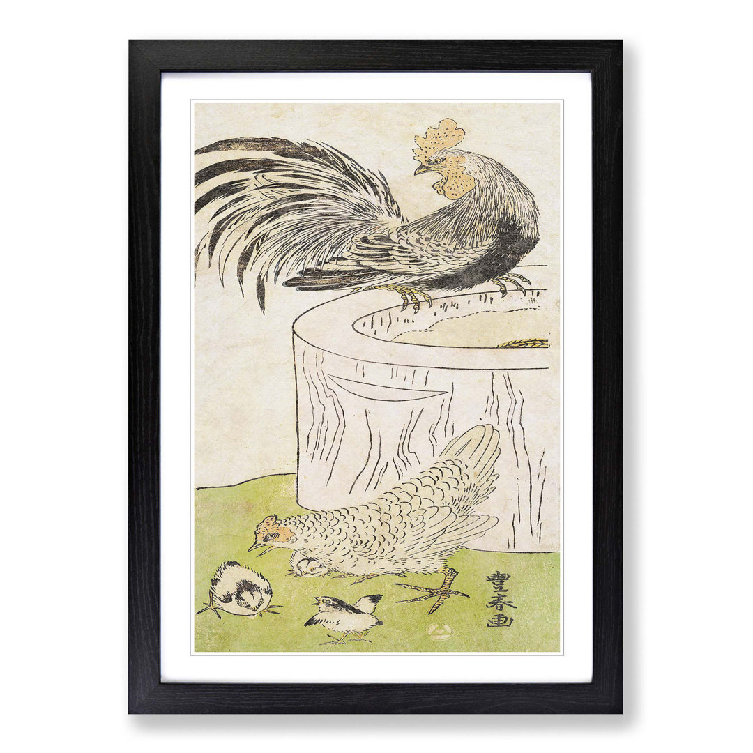 Cock with Hen & Chickens by Utagawa Toyoharu - Picture Frame Painting