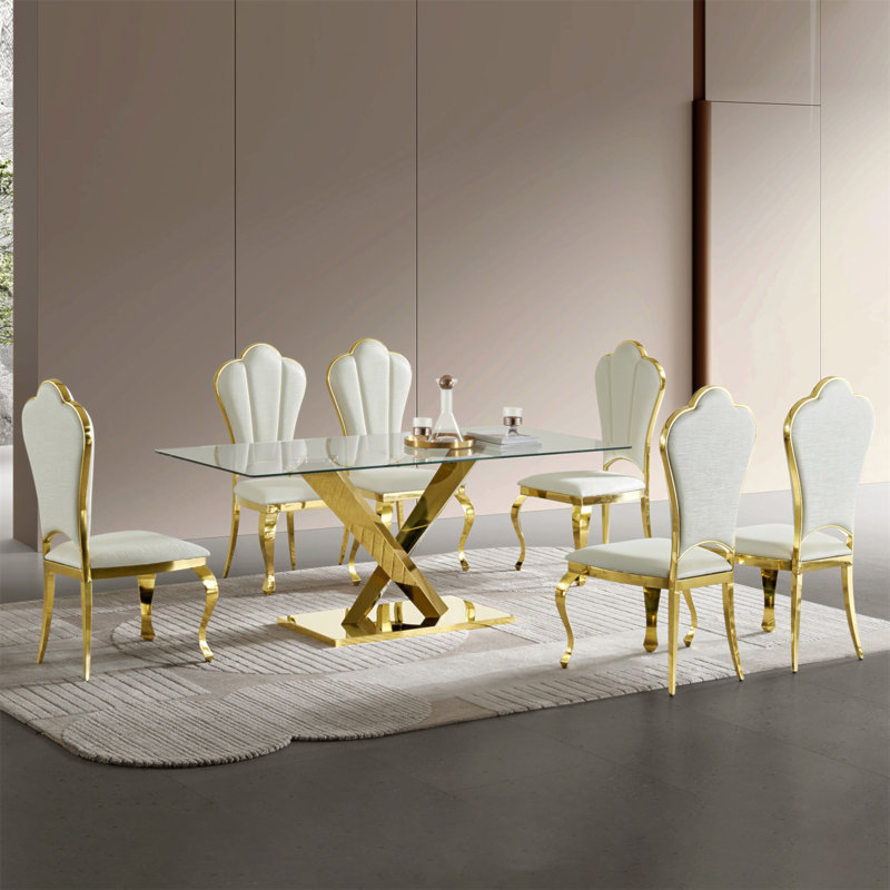 Table de salle à manger en acier inoxydable avec plateau en verre trempé transparent de 70,08 pouces