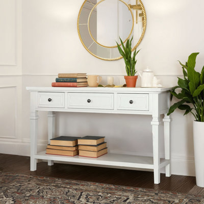 Console blanc antique antique facile à assembler, conception de style rétro classique, trois tiroirs supérieurs + tablette inférieure ouverte, à la fois rangement et décoration