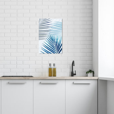 Bay Isle Home ™, toile tendue moderne à motif floral et botanique - palmiers en bleu, art mural pour le salon, la chambre à coucher et la salle de bain, bleu et blanc