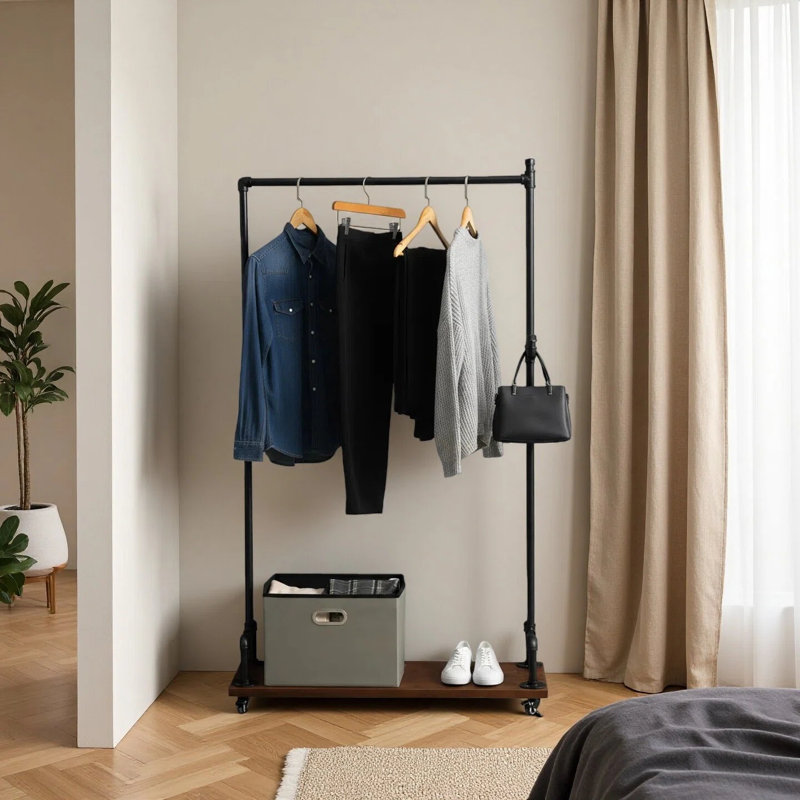 Portant à vêtements, support à vêtements robuste, support à vêtements à roulettes de style industriel avec tablette, pour chambre à coucher, salle de lavage, magasin de détail, brun rustique et noir