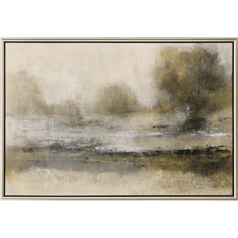 Neutral Beige and Gold Abstract Landscape Canvas with Silver Frame