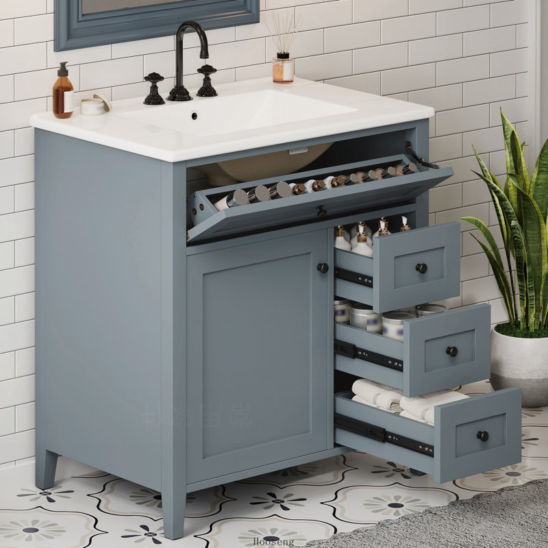 Meuble-lavabo autoportant de 30 po avec comptoir d'évier, panneau de fibres à densité moyenne et bois d'hévéa avec 3 tiroirs et tablette réglable, conception à charnière gauche, bleu gris