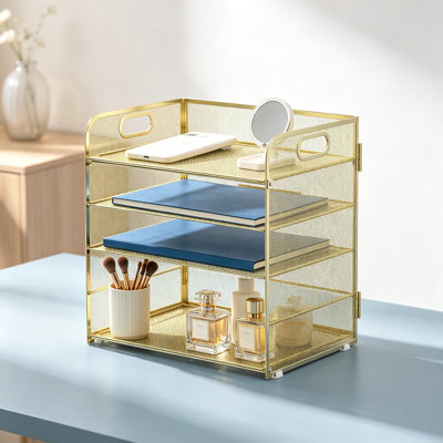 Five Tray Paper Organizer with Handle, Mesh Desk File Holders, Paper Sorter for Office, Home, Classroom, and School Use, Sturdy Metal Stackable Letter Tray System