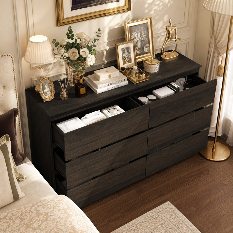 Commode à 6 tiroirs de 47 po de largeur, commode double de rangement pour chambre à coucher avec rangement spacieux et design moderne