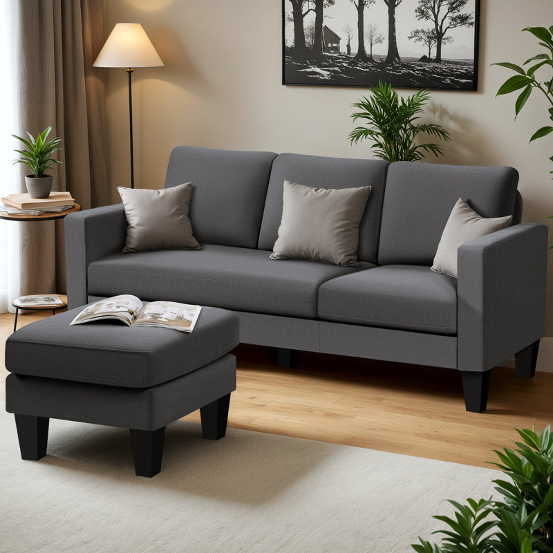 Canapé modulaire convertible 3 places en L avec tissu en lin et repose-pieds mobile, Coton gris