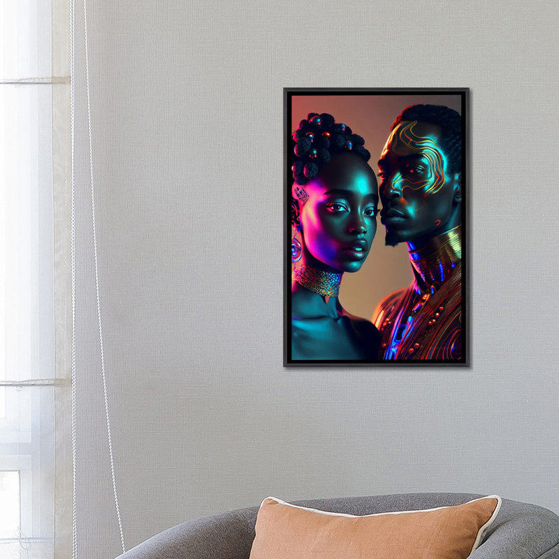 Afrofuturist African Royalty Queen And King II, Distressed Black Floater Framed Canvas, 26" H x 18" W x 1.5" D