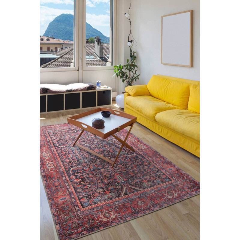 Tapis rouge à motif tissé rétro, Carré 5 pi