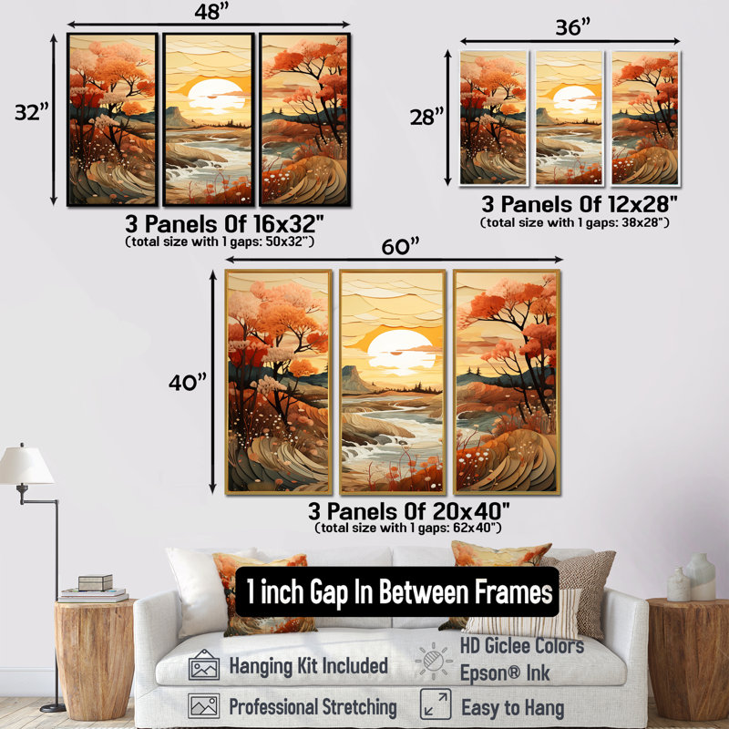 Ensemble de salon art oranges orange coucher de soleil coucher de soleil - forêt et rivière, Cadre flottant doré