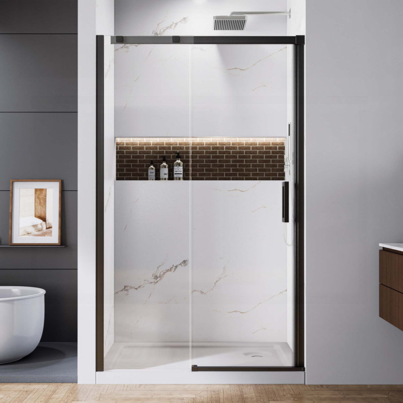 Shower Door, Aluminum Sliding Glass Shower Door With Premium 5/16 Inch (8Mm) Thick Tempered Glass, Matte Black