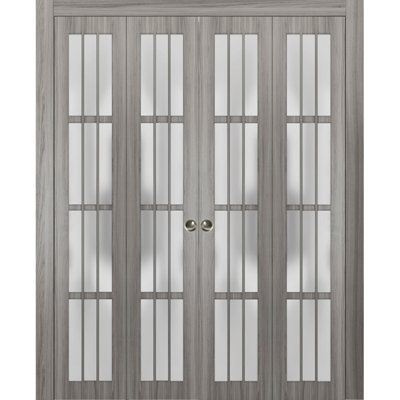 Sliding Closet Double Bi-fold Doors 72" x 84" (4* 18x84) Felicia 3312 Ginger Ash with Frosted Glass Sturdy Tracks Moldings Trims Hardware Set Wood Solid Bedroom Wardrobe Doors