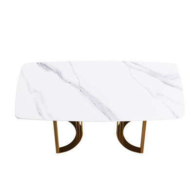 70.2" White Sintered Stone Dining Table, Recycleable And Materials, 6-8 Seats Rectangular 70.2", With Elegant Golden Metal Legs For