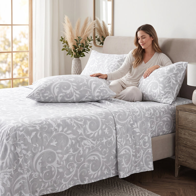 Arianne 4-Piece Double Sheet Set, Super Soft Microfiber Bedding, Charcoal Grey Scroll Pattern, Wrinkle Resistant, Deep Pockets