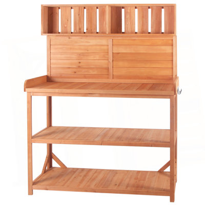 65" Large Wooden Farmhouse Rustic Outdoor Potting Bench Table, Patio Workstation, Garden Potting Bench With 4 Storage Shelves And Side Hook
