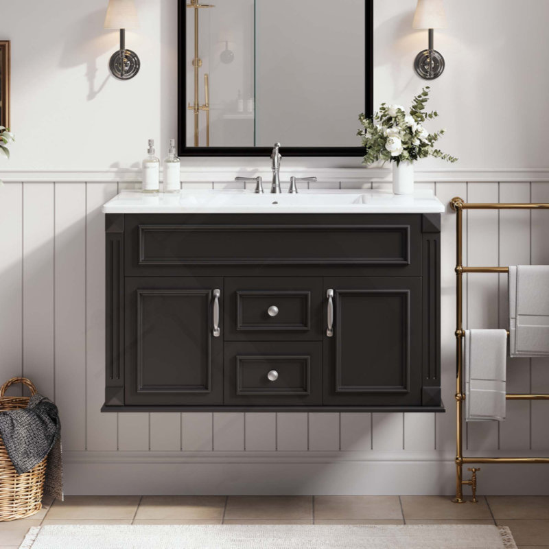 Armoire de salle de bain murale avec lavabo en céramique et tiroirs, meuble-lavabo simple de style français avec charnières à fermeture douce