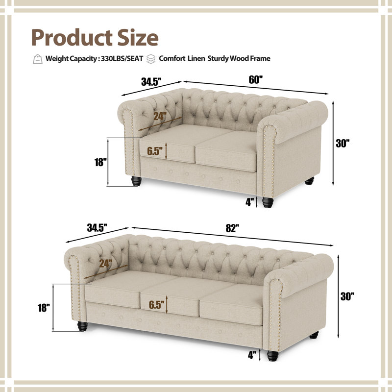 Ensemble de salon capitonné Perry Chesterfield, Lin beige clair