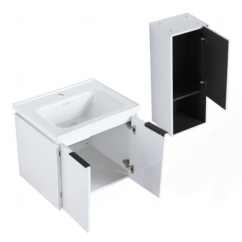 Meuble-lavabo mural modulaire de 24 pouces avec lavabo en céramique, armoire latérale et portes à fermeture en douceur