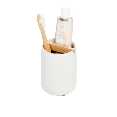 iDesign Eco Vanity Ceramic Toothbrush Holder with Paulownia Wood Divider