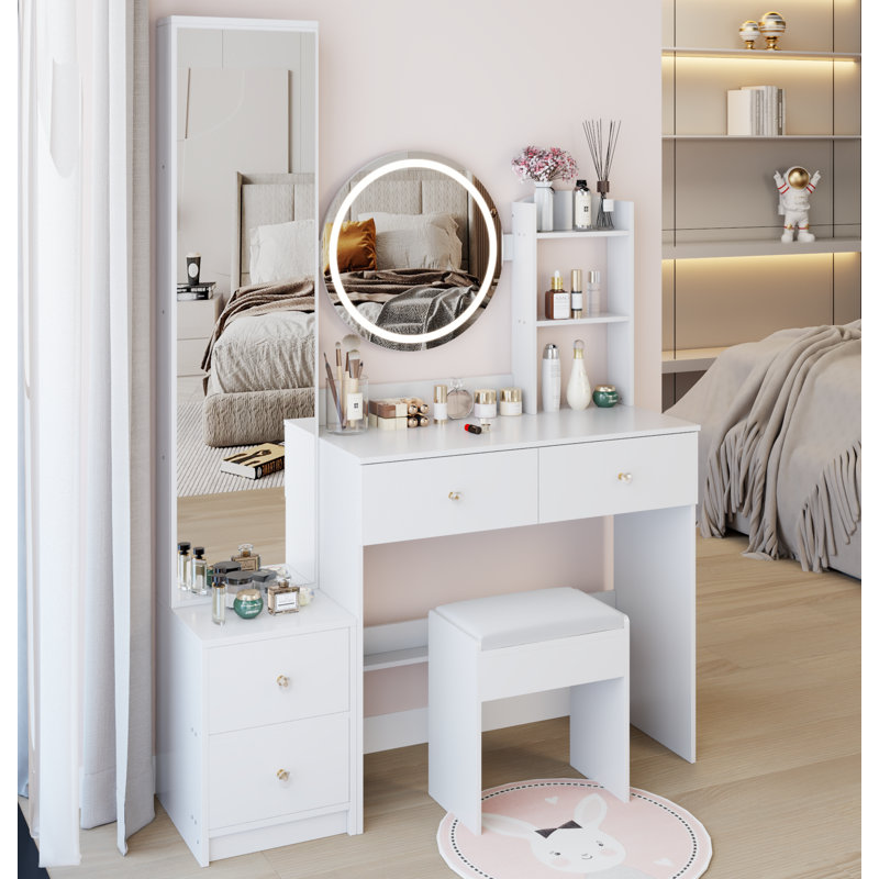 Full Body Mirror Cabinet + Round Mirror LED Vanity Table + Cushioned Stool, 17" Diameter LED Mirror, Touch Control, 3-Color, Brightness Adjustable, Large Desktop, Multi-Layer High Capacity Storage