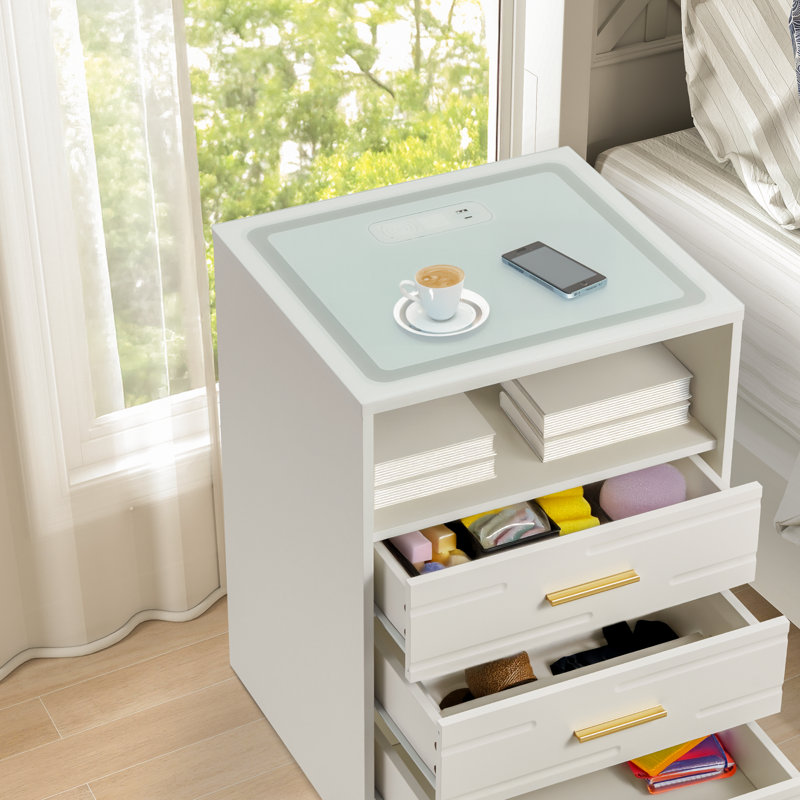 LED Nightstand with Drawers, Wireless Charging, & USB & Type-C Charging Ports, White