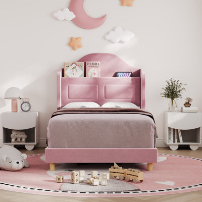 Princess Twin Size Soft Upholstered Platform Bed for Kids with Wingback, Storage Bookcase Headboard & LED Lights, Wooden Slats, Noise-Free, No Box Spring Needed, Easy Assembly - Pink